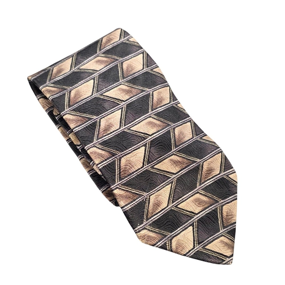 Puritan Silk Necktie Black‎ Tan Geometric Diamond Pattern Men's Classic USA Made
